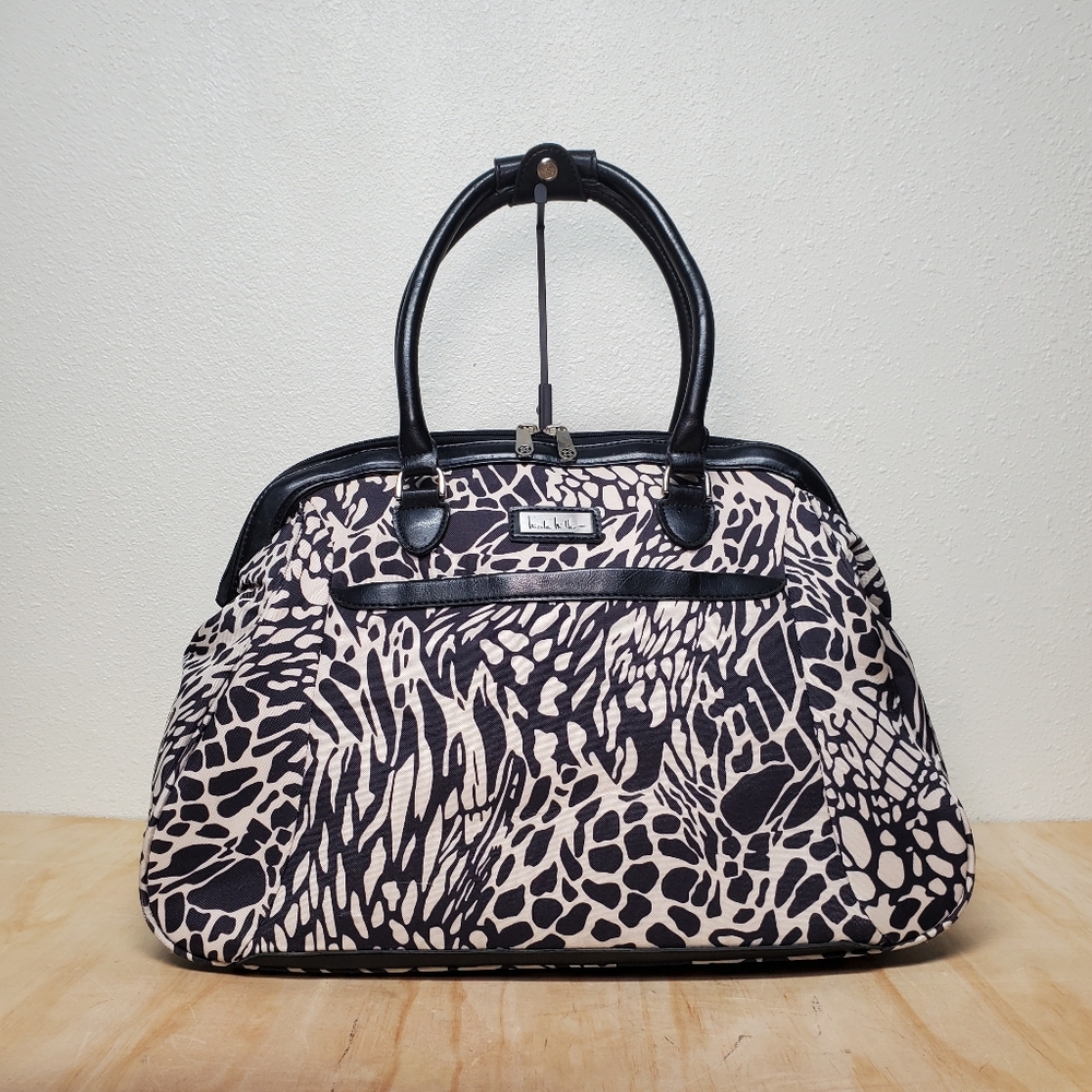 Nicole Miller Black Beige Oil Spill Abstract Pattern Weekender Travel Luggage - Picture 2 of 11